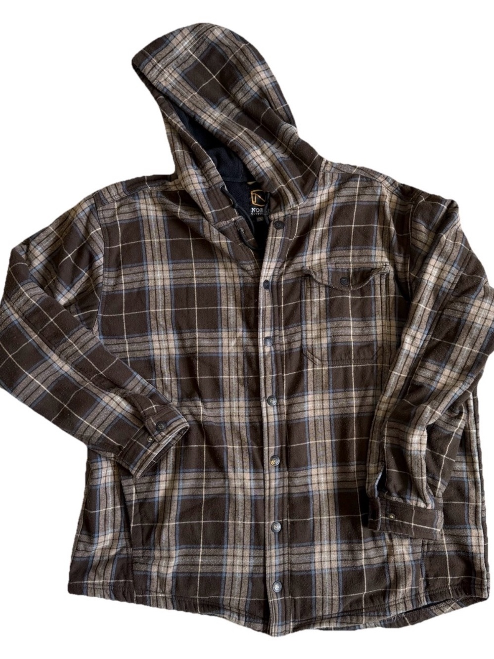 Noble Outfitters Flannel Jacket 2XL Brown Plaid Fleece Lined Hooded Shacket READ